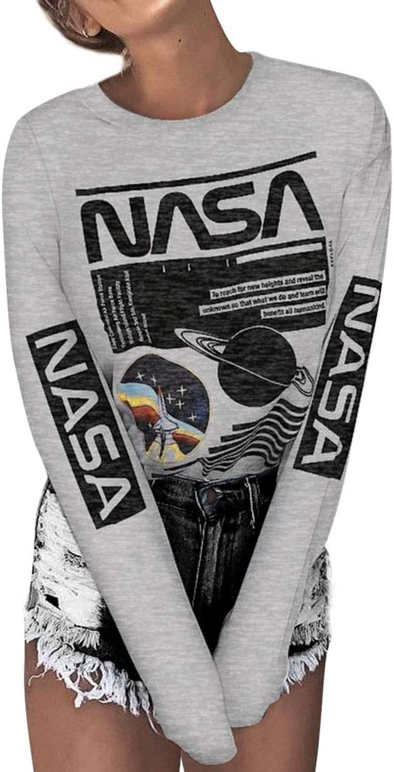 Women Long Sleeve Crew Neck NASA Letter Print NASA Shirt Blouse Sweatshirt