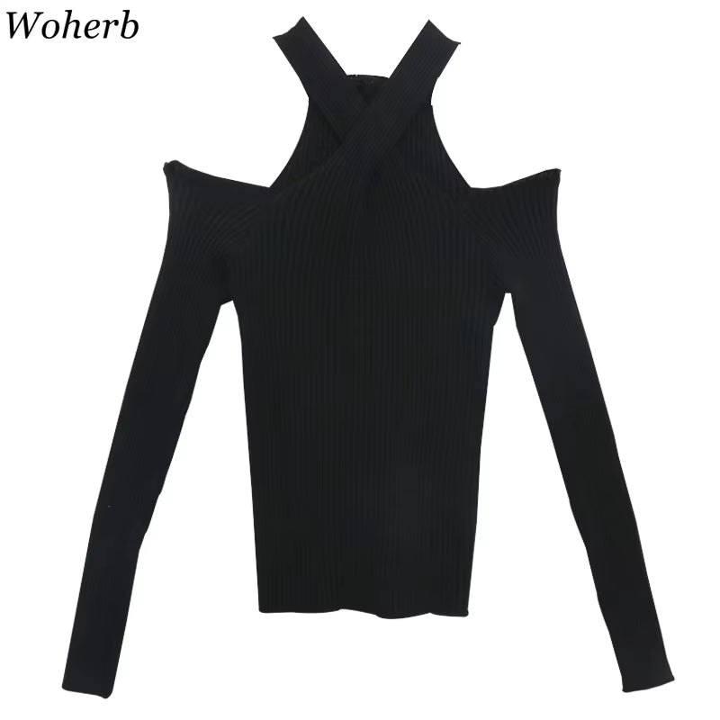 Y2K 2023 Spring Autumn Sexy Hollow Off-Shoulder Knitted Tops Solid Ladies Korean Clothes Sweater Pullovers Jumper