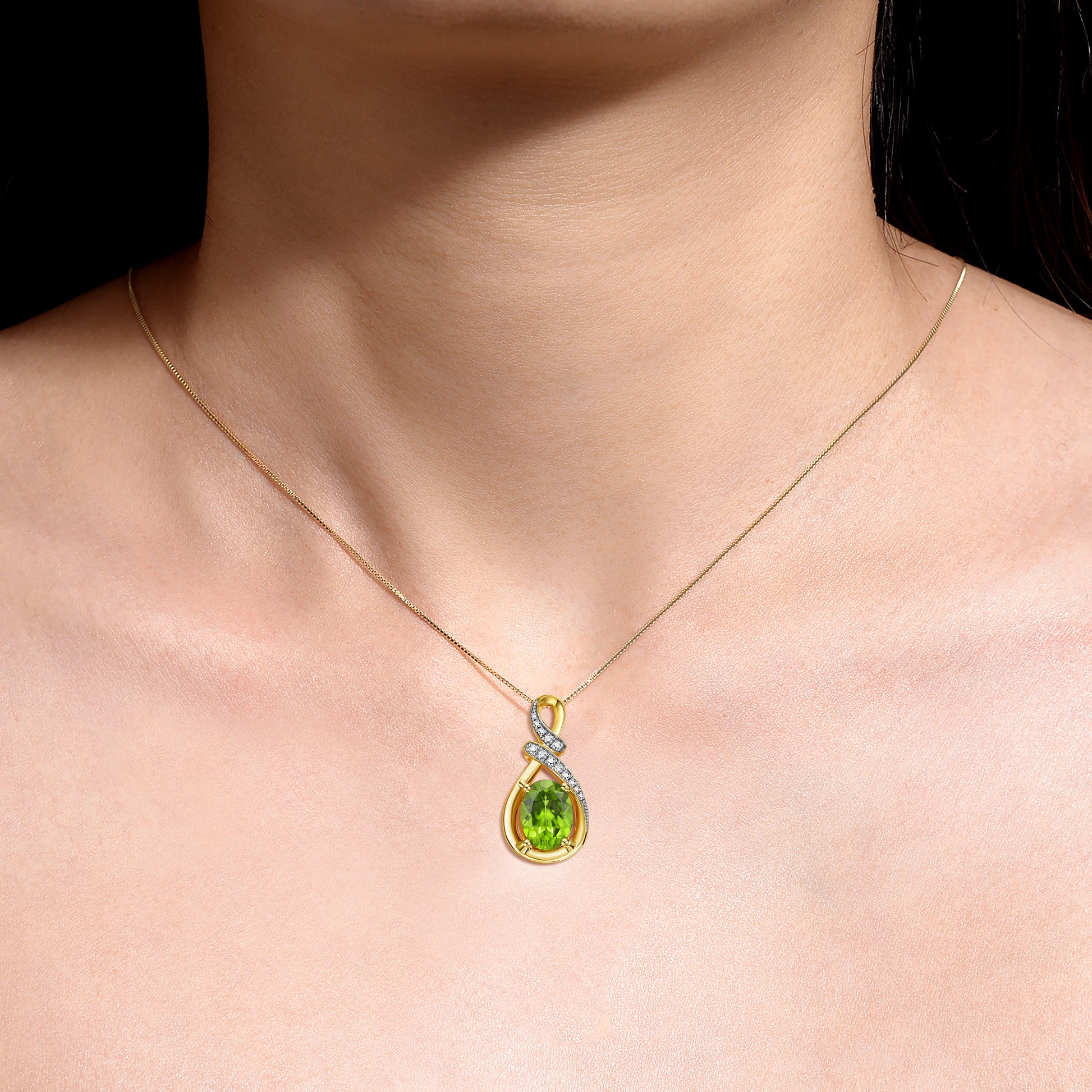 Necklaces for Women Yellow Gold Plated Silver Designer Necklace Gemstone & Genuine Diamonds Pendant 18" Chain 9X7MM Peridot August Birthstone Womens Jewelry Silver Necklace for Women