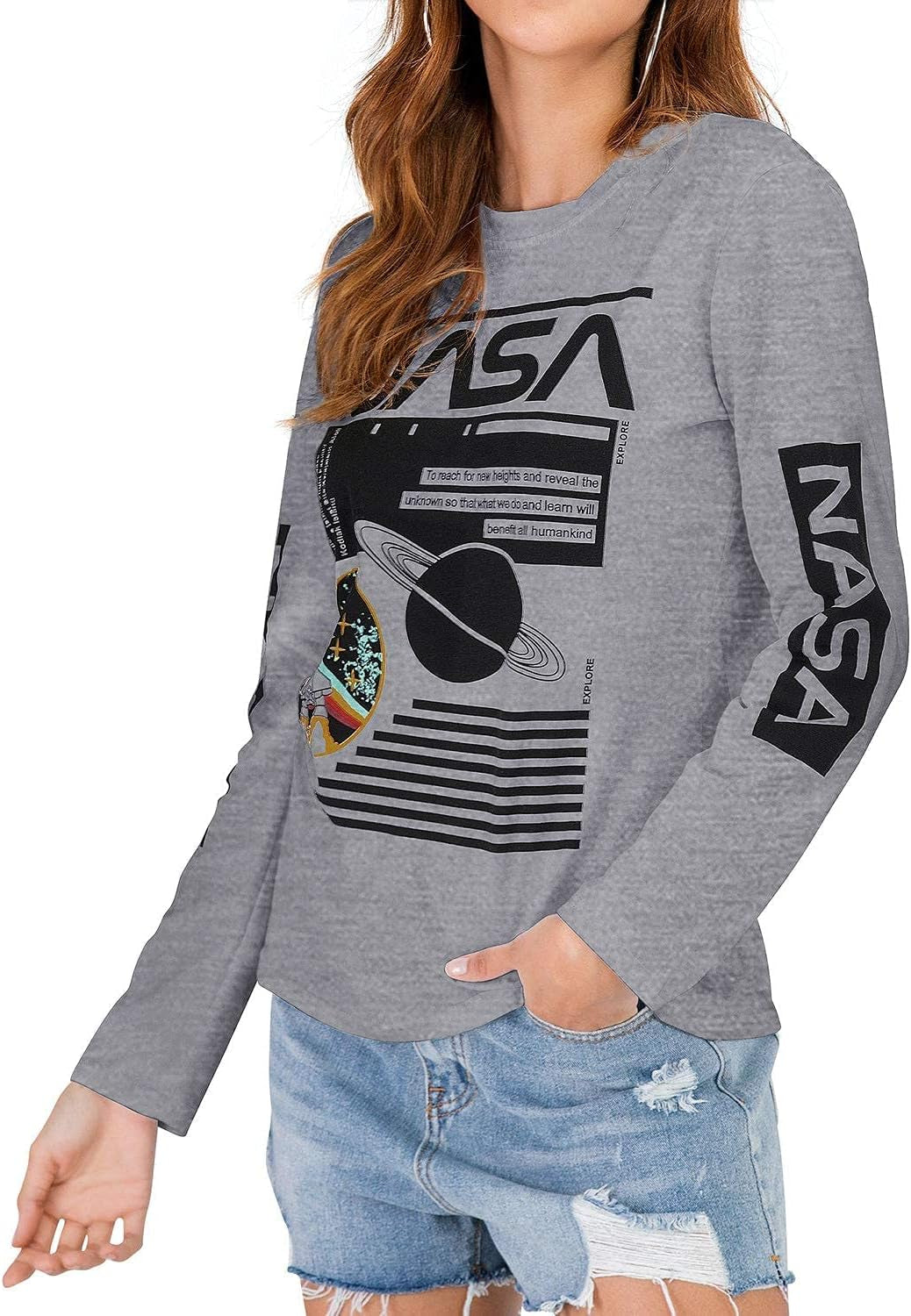 Women Long Sleeve Crew Neck NASA Letter Print NASA Shirt Blouse Sweatshirt