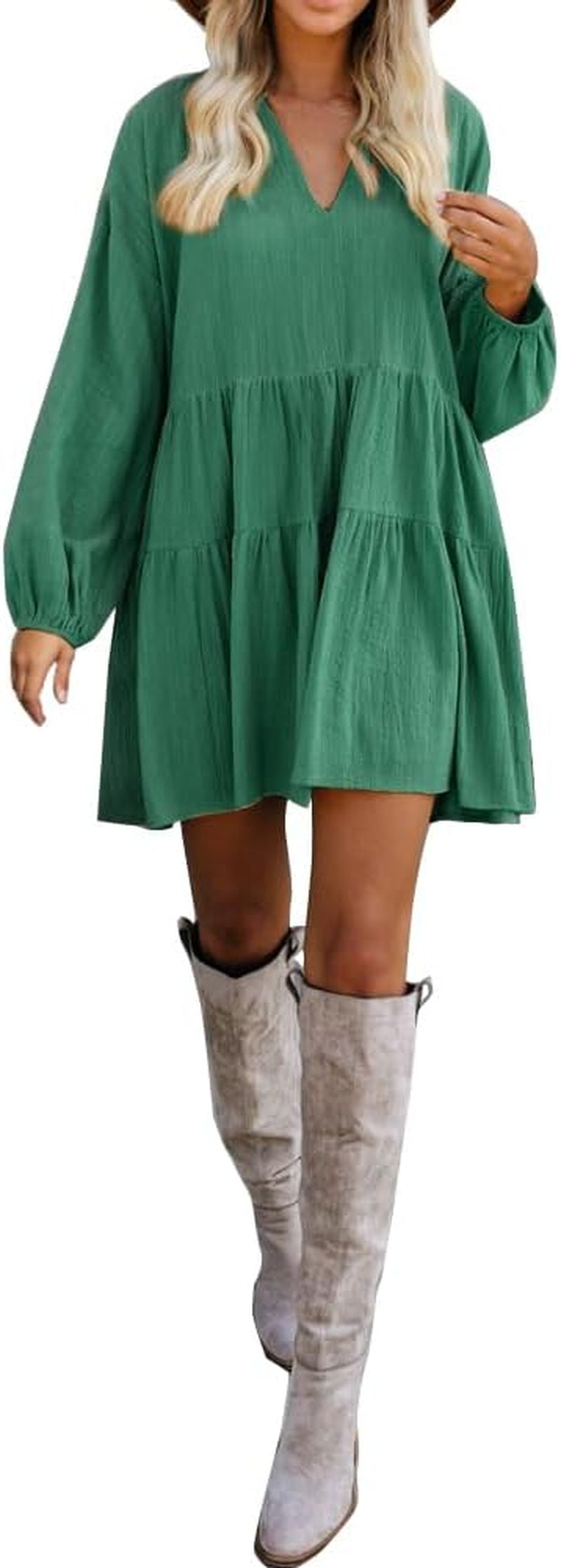 Long Sleeve Shift Tunic Dress Ruffle Swing Babydoll Juniors Mini Ruffle Dress with Pockets