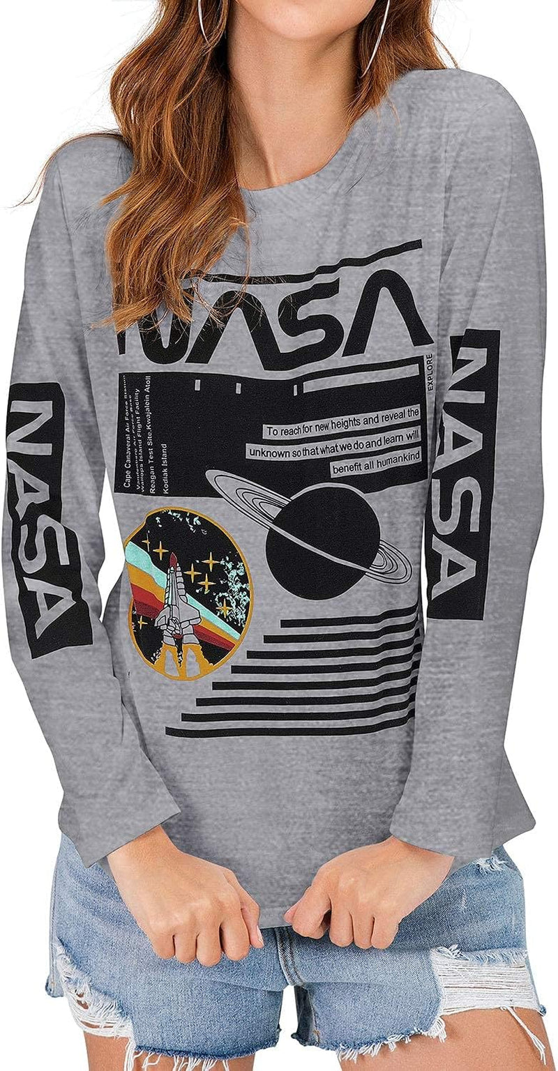 Women Long Sleeve Crew Neck NASA Letter Print NASA Shirt Blouse Sweatshirt