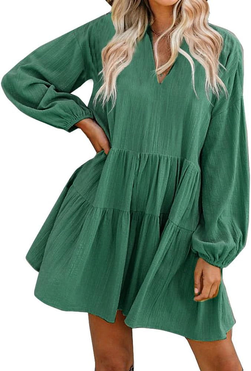 Long Sleeve Shift Tunic Dress Ruffle Swing Babydoll Juniors Mini Ruffle Dress with Pockets