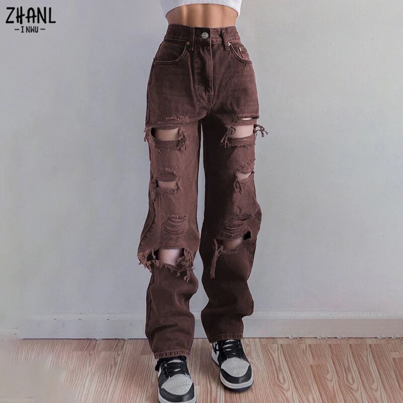 Brown Ripped Vintage Woman'S Distressed Jeans Streetwear Hole Hip Hop High Waist Pants Fashion Straight Denim Trousers Ladies