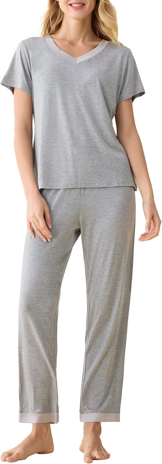 Women'S V-Neck Sleepwear Short Sleeves Top with Pants Pajama Set