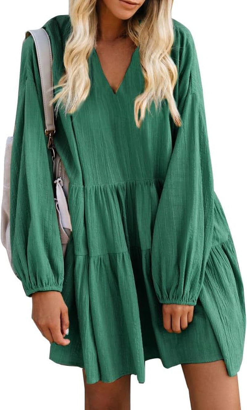 Long Sleeve Shift Tunic Dress Ruffle Swing Babydoll Juniors Mini Ruffle Dress with Pockets